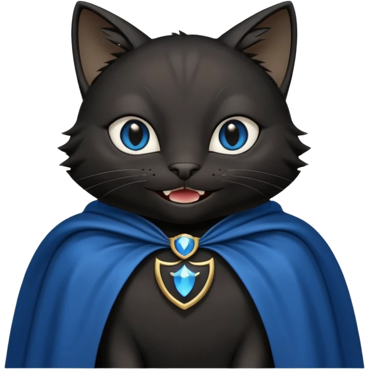 an all black anthropomorphic cat with blue eyes wears an all black cape and is smiling a mischievous sharp tooth grin emoji