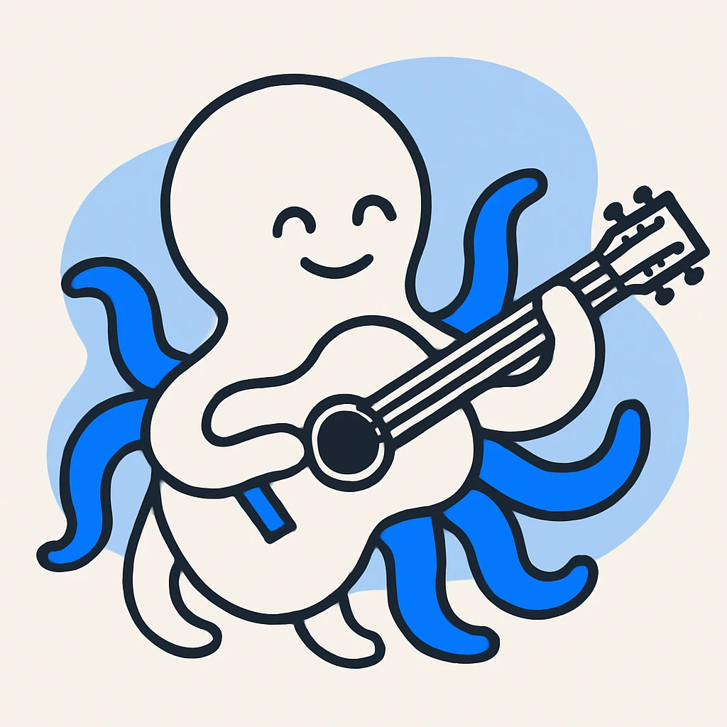 happy octopus with multiple arms playing guitar emoji