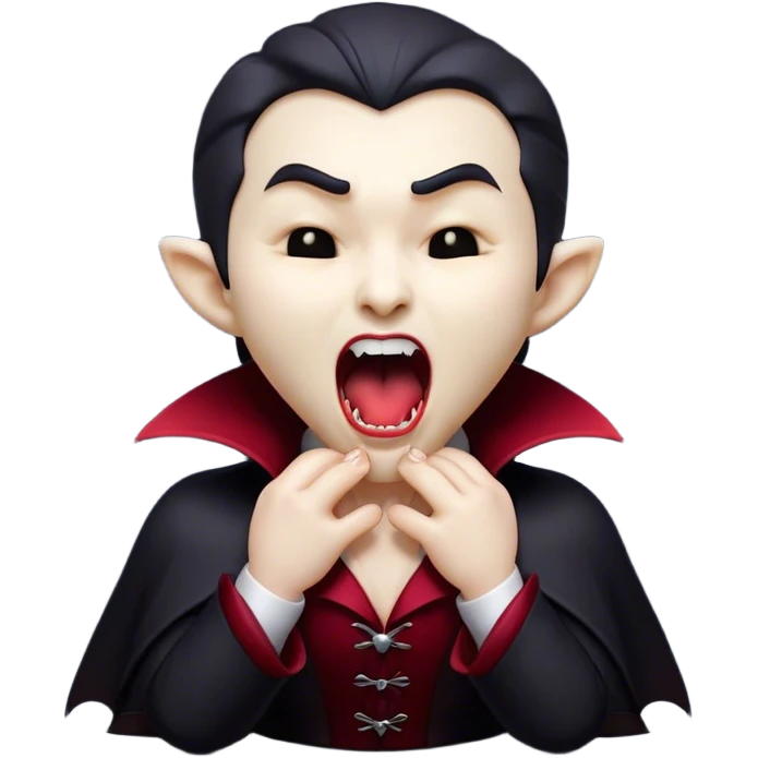 Cinematic Cute Yawning Vampire Portrait Emoji, with a small, rounded, charming pale face accented with tiny playful fangs and droopy, half-closed eyes, head tilted in an adorable wide yawn, dressed in miniature elegant dark attire with a hint of crimson, simplified yet irresistibly endearing, highly detailed with a soft, mysterious glow and gentle outline that captures the cute, drowsy side of an immortal! emoji