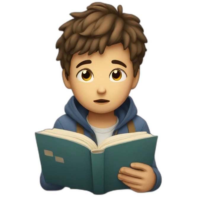 a boy trying to read a book but he is sad emoji