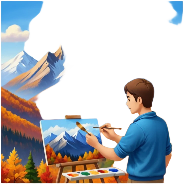 Artist painting a beautiful autumn mountain peak destination on canvas emoji