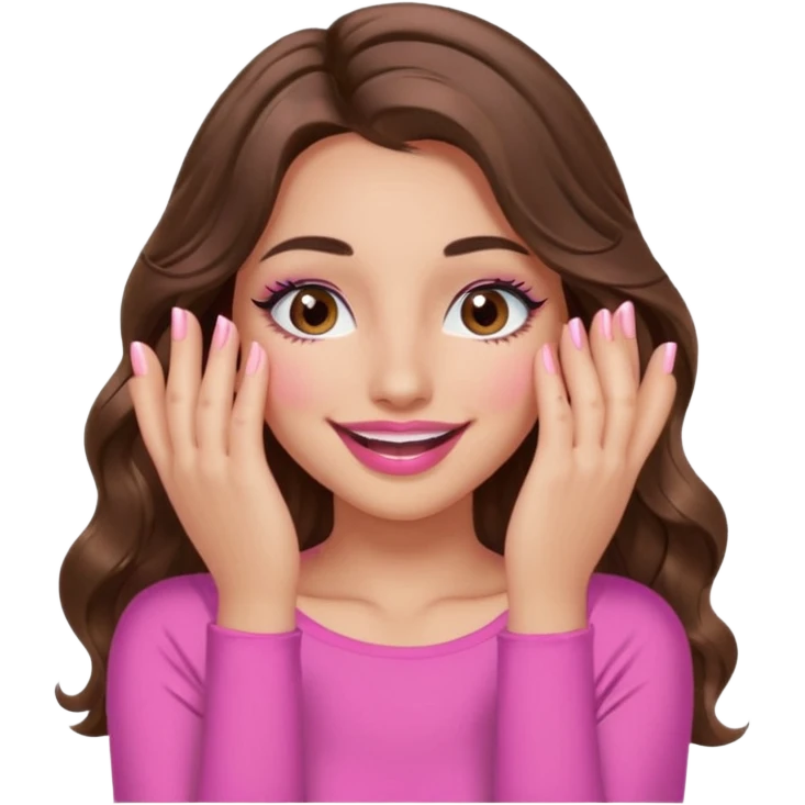 girl with long wavy brown hair, brown eyes, long lashes, sexy pink lips, light to medium complexion, wearing a pink sexy top, smiling, hands covering over the eyes emoji