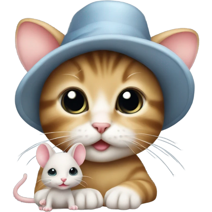 Baby cat carrying mouse in a hat emoji