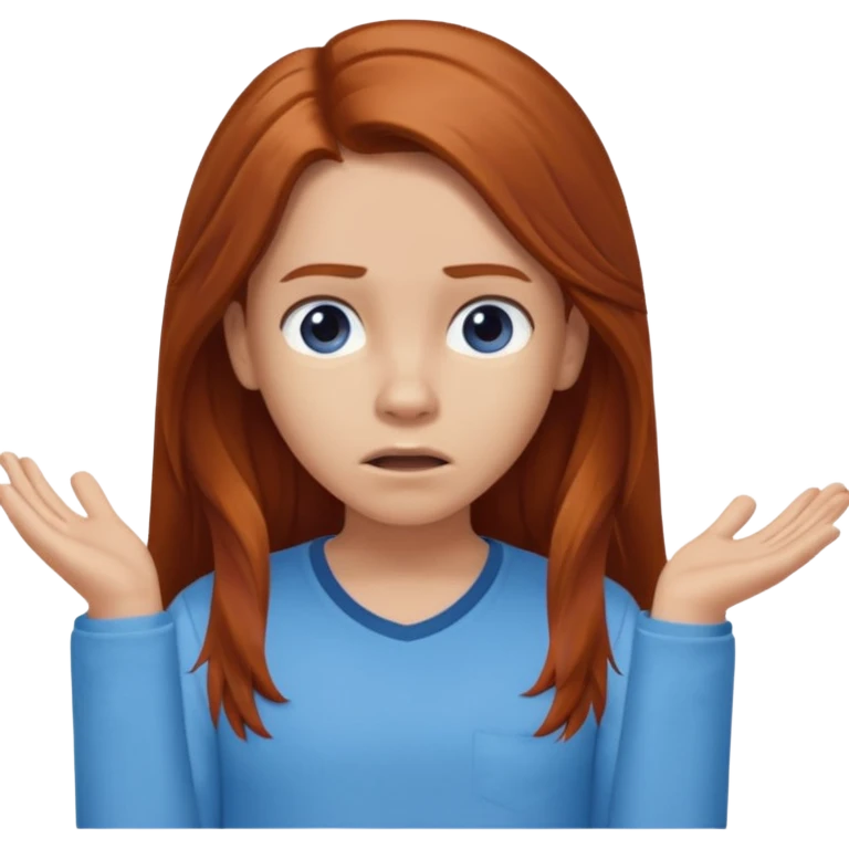shrugging confused emoji tween long auburn hair light blue shirt with a darker blue L emoji