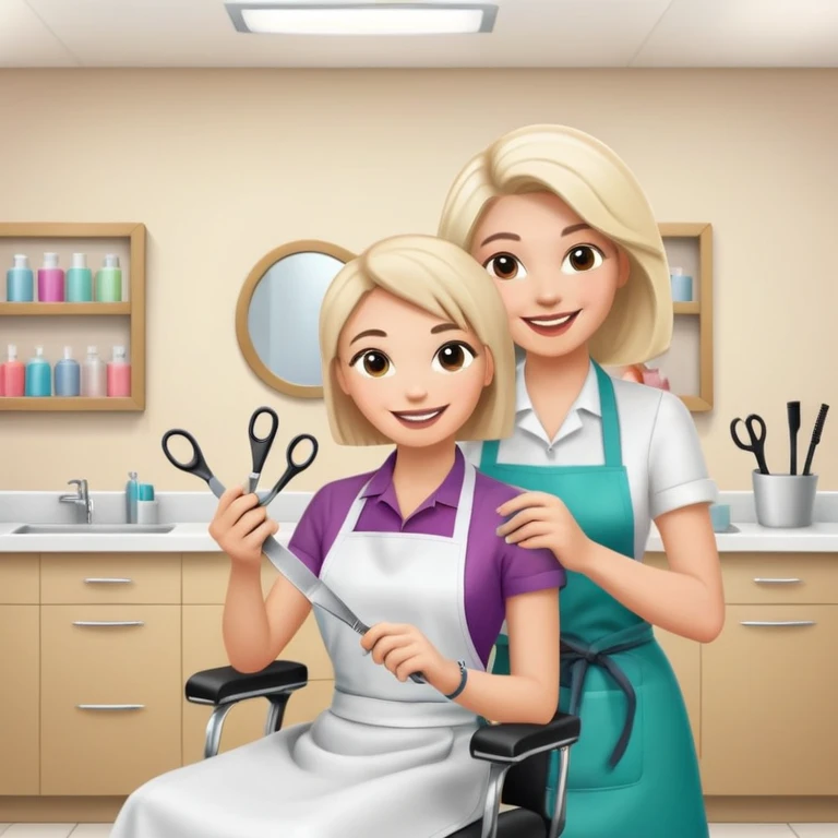 friendly and cheerful salon scene with a woman client smiling in chair wearing an apron and a female hairstylist smiling behind her holding scissors, bright and positive atmosphere emoji