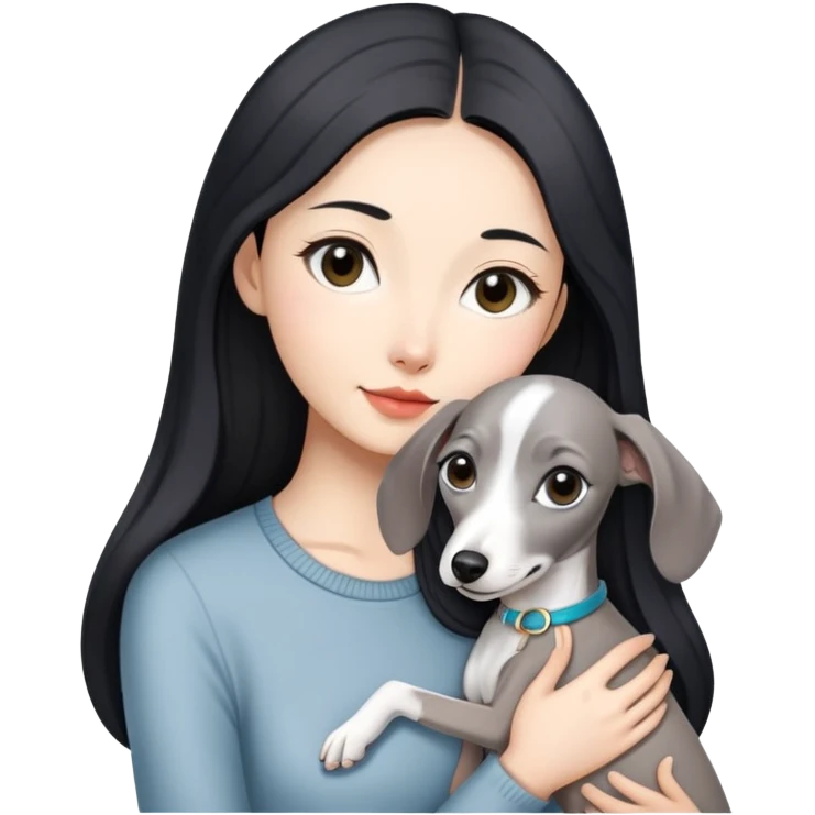 Slim Chinese girl with long black hair holding all grey Italian greyhound emoji