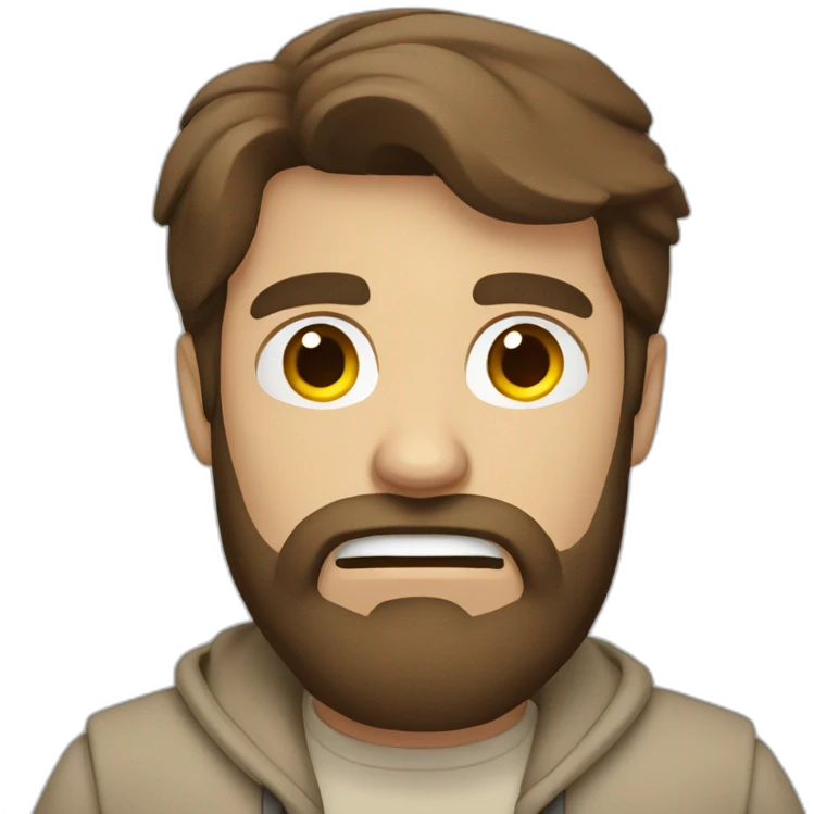 Man with brown hair with beard with beige clothes with angry face emoji