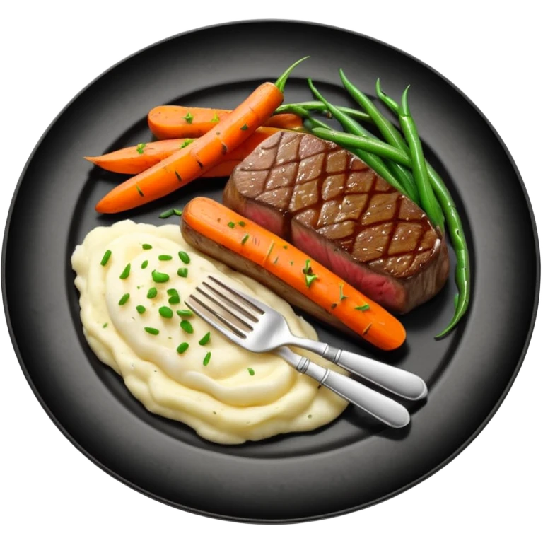 Medium rare Wagyu steak on a bed of creamy garlic mash potatoes couples with pan seared carrots and  green beans emoji