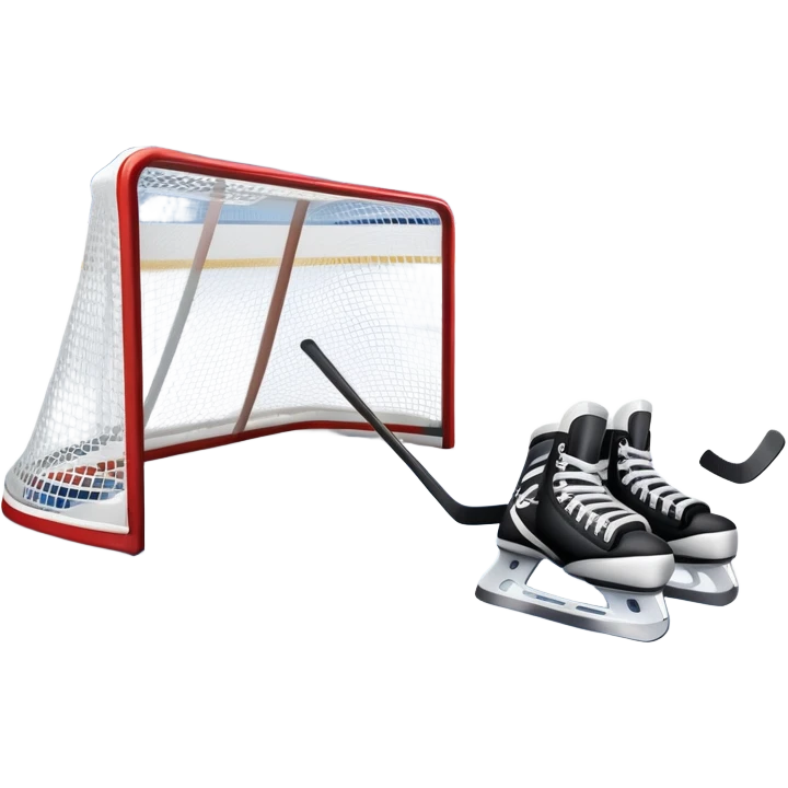 An icon showing a hockey stick, puck, skates, and goalposts on the ice. The background features a large hockey stadium with cheering fans, bright lights, and a snowy landscape visible through the arena. Transparent background highlights the main hockey equipment and atmosphere. emoji
