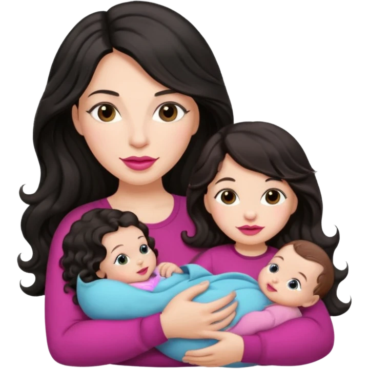 Beautiful Mother long black wavy  hair pink lipstick  holding 1 one infant brown hair fair skin emoji