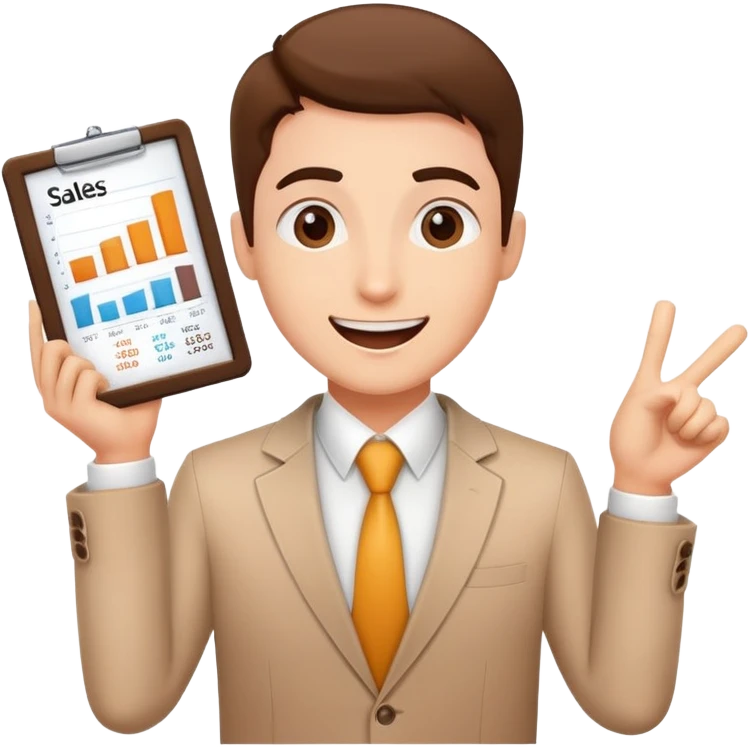 Enthusiastic salesperson with sales chart showing success emoji