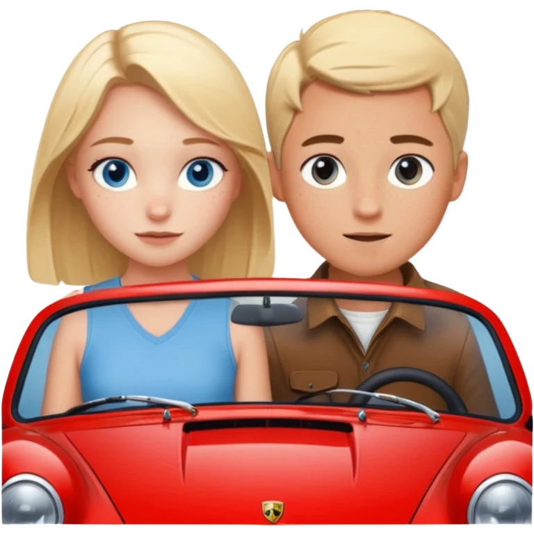 crea un emoji que sea una pareja, una chica rubia con pecas en la cara & los ojos azules & un chico con el pelo negro lindo con ojos cafés que haya un porsche rojo  emoji