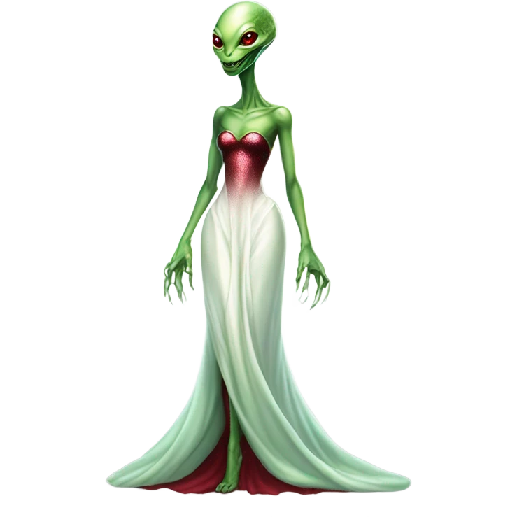 reptilian green alien woman, in long slim pastel color:#FFFFFF formal party satin dress with gradient shiny sparkling dark red, full figure, full body emoji