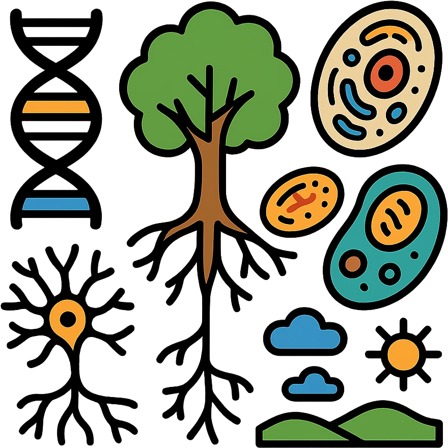 A realistic biological illustration (like in a school book) showing: DNA strands transitioning into a tree, cells with visible organelles, neurons connected to plant roots  and a balanced ecosystem background . Seamless integration, no labels or borders, complete white background (not off white!), detailed but minimalist.  emoji