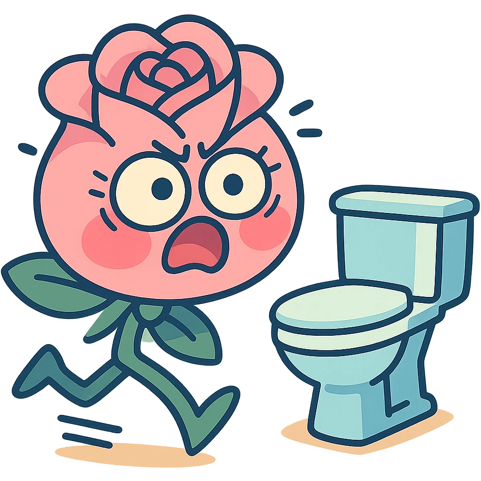 soft pink rose flower, chibi round shape, puffed cheeks, panicked expression, bulging eyes, dashing legs, running frantically to the toilet, pastel tones, full-body emoji