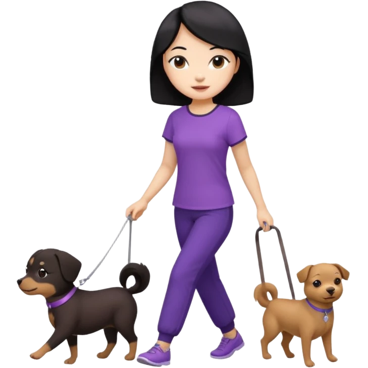 black hair Chinese woman wearing purple top and black pants walking a small brown dog emoji