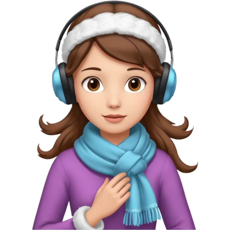 Victorian ice skater in a long dress. She is wearimg a scarf and earmuffs. She has brown hair. emoji