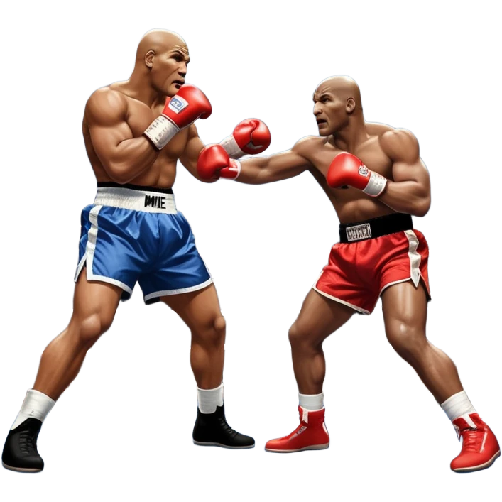 An intense boxing match between Mike Tyson and Evander Holyfield in the ring. Tyson is delivering a powerful uppercut, while Holyfield is poised for a counterattack. The background features a packed arena with bright lights and electrifying atmosphere. Transparent background emoji