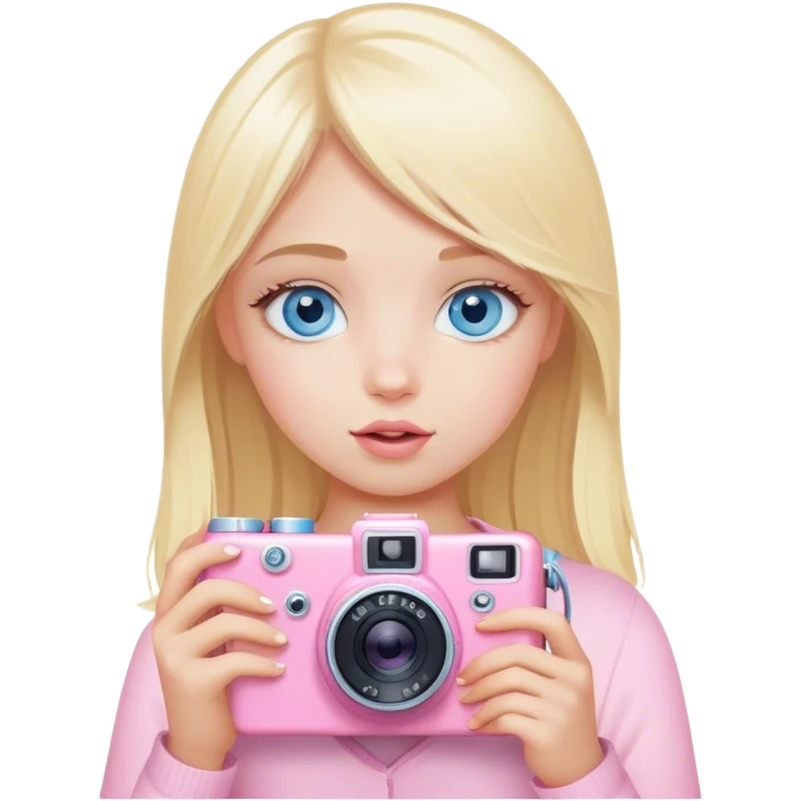 Blue eyed Blonde girl taking pics on a baby pink camera  emoji