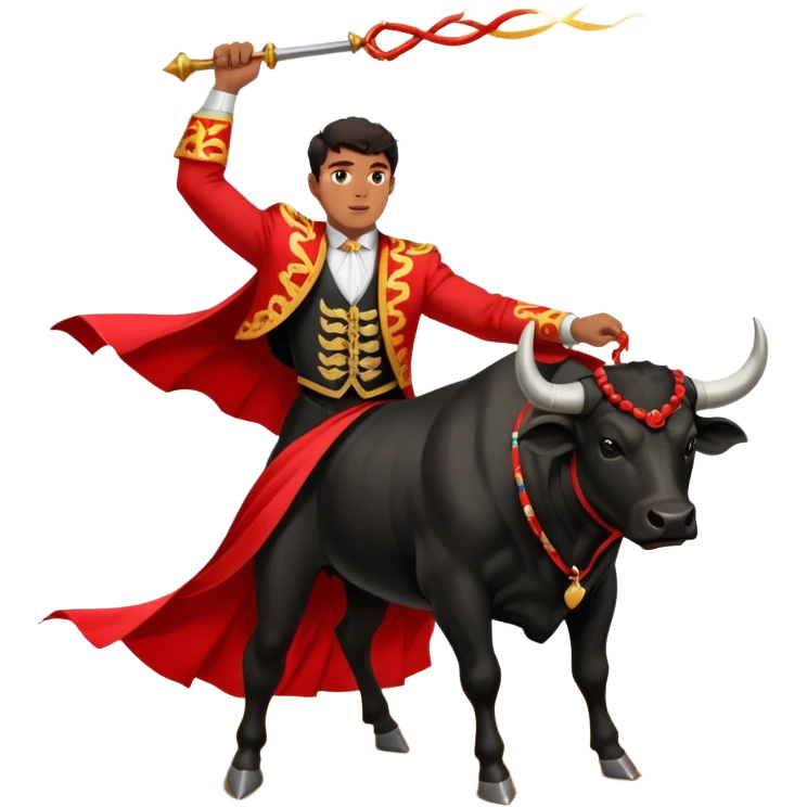 Create a realistic image of a traditional bullfighting scene in a Spanish arena.
Show a bullfighter (matador) HOLDING a red cape (muleta) not wearing one. as a powerful black bull charges toward it. emoji