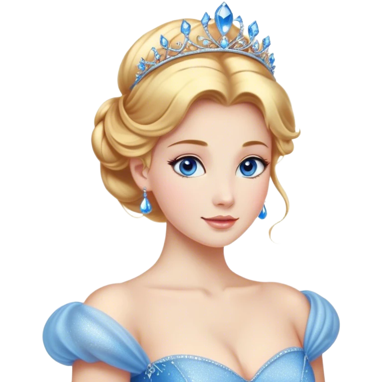 Cinematic Stunning Cinderella Portrait Emoji, Radiant in her sparkling blue ball gown, golden hair in a perfect updo, soft blue eyes full of wonder, glistening tiara, glowing with an ethereal beauty, regal yet kind, a dreamlike aura surrounds her, capturing the essence of a fairy tale princess, elegant and breathtaking! emoji