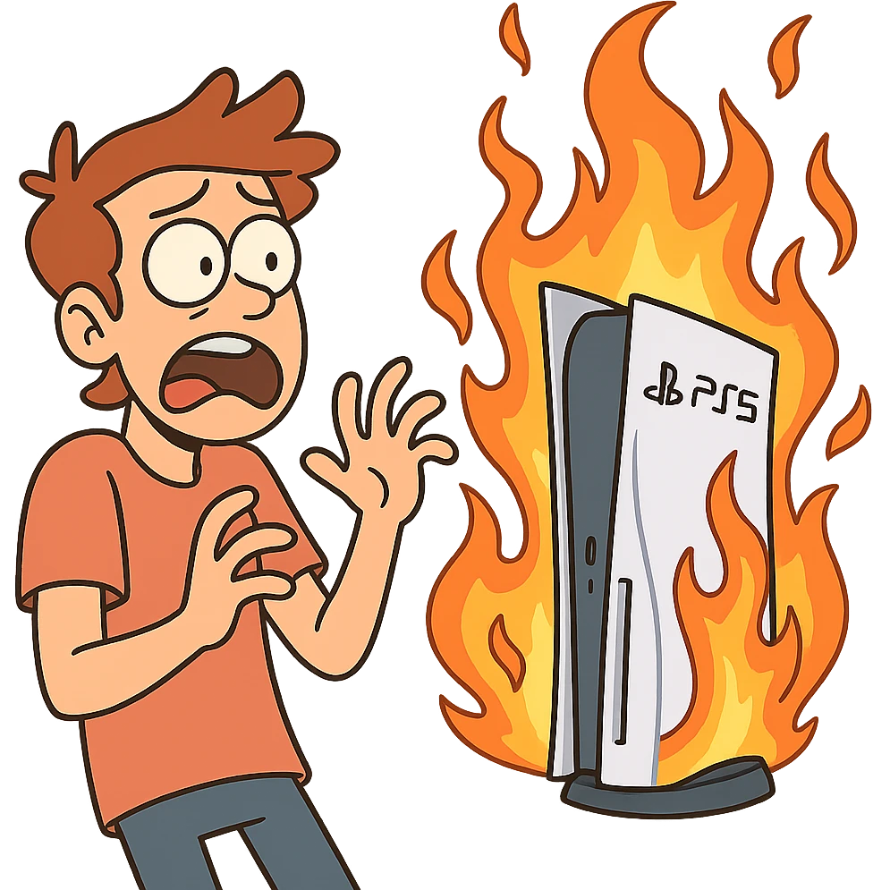 PS5 engulfed in fire, expressive, vibrant colors, dynamic emoji