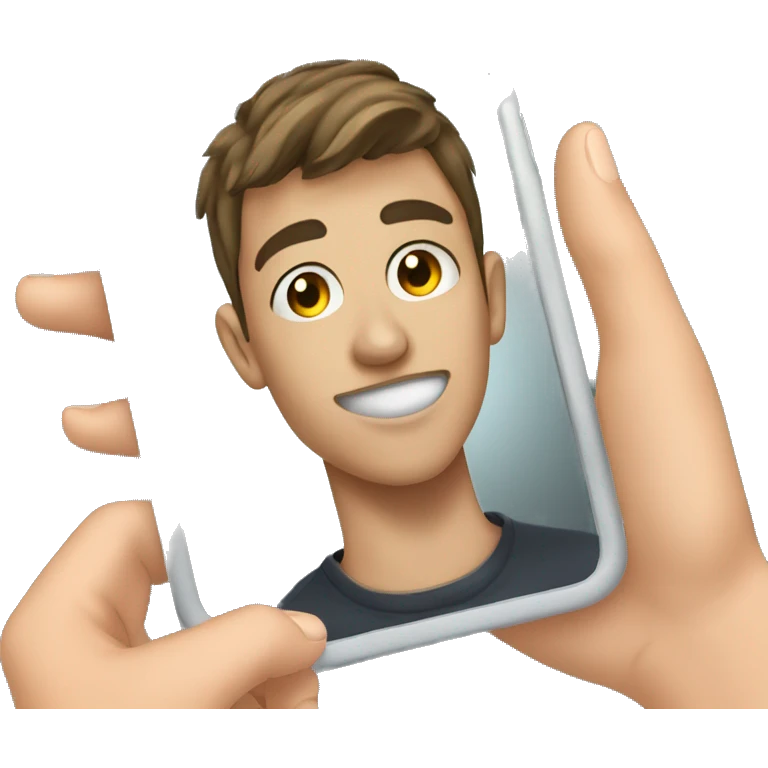 A teenage boy taking a mirror selfie with iphone emoji