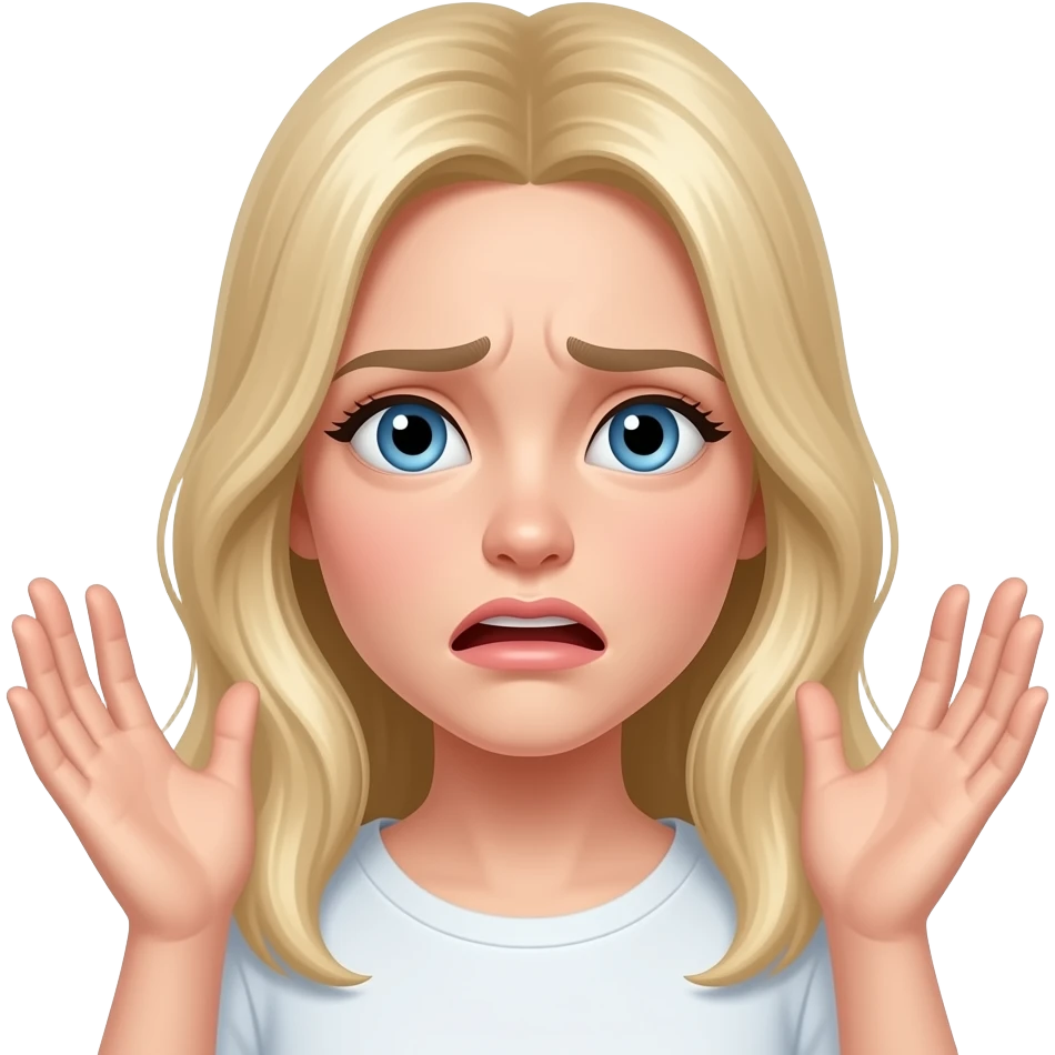 A platinum blonde girl with blue eyes and putting her hands up rolling her eyes emoji