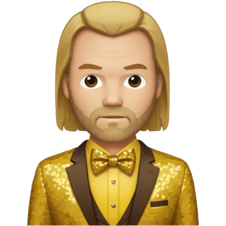 Tyler Mane with long dark blonde hair, yellow shirt, brown sequin suit with bow tie emoji