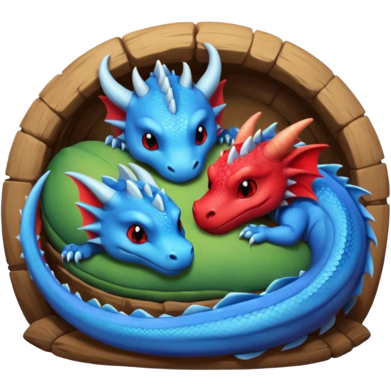 un couple de dragons, un rouge et un bleue trop mignons endormis dans leur tanière. emoji