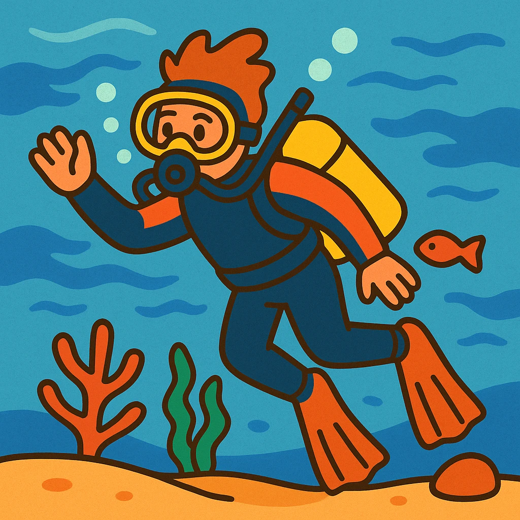 a diver in a wetsuit underwater in a playful cartoon style emoji