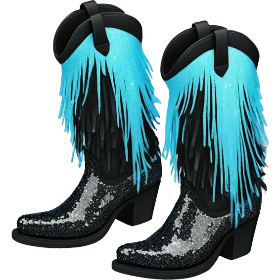 Realistic pastel blue to black ombre pair of fashion cowgirl boots with sparkly shiny glitter fringe on them. emoji