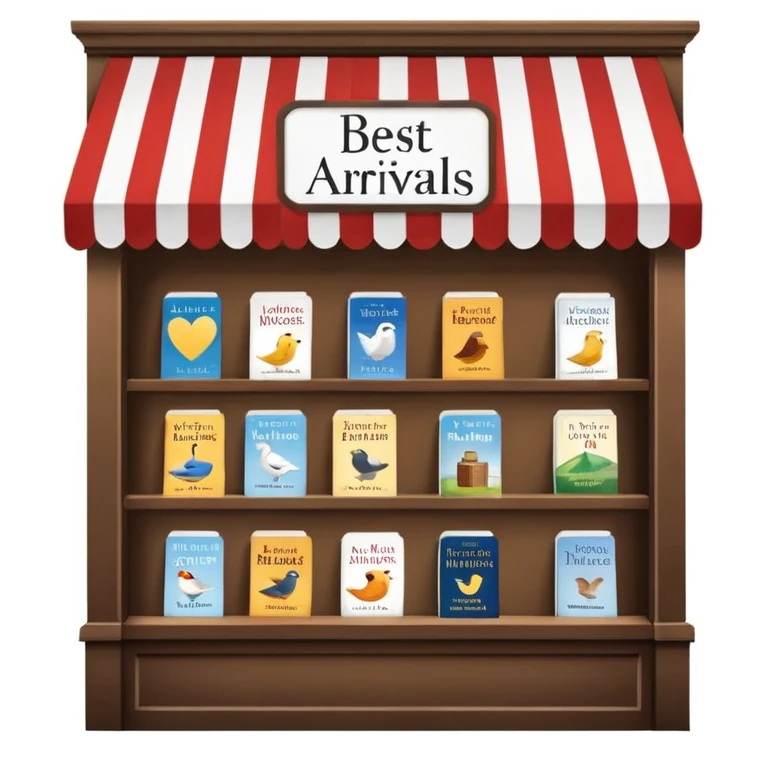 Bookstore window display. A sign displays “New Arrivals This Week”. Below, a shelf tag with the text “Best-Selling Novels Here”.  emoji