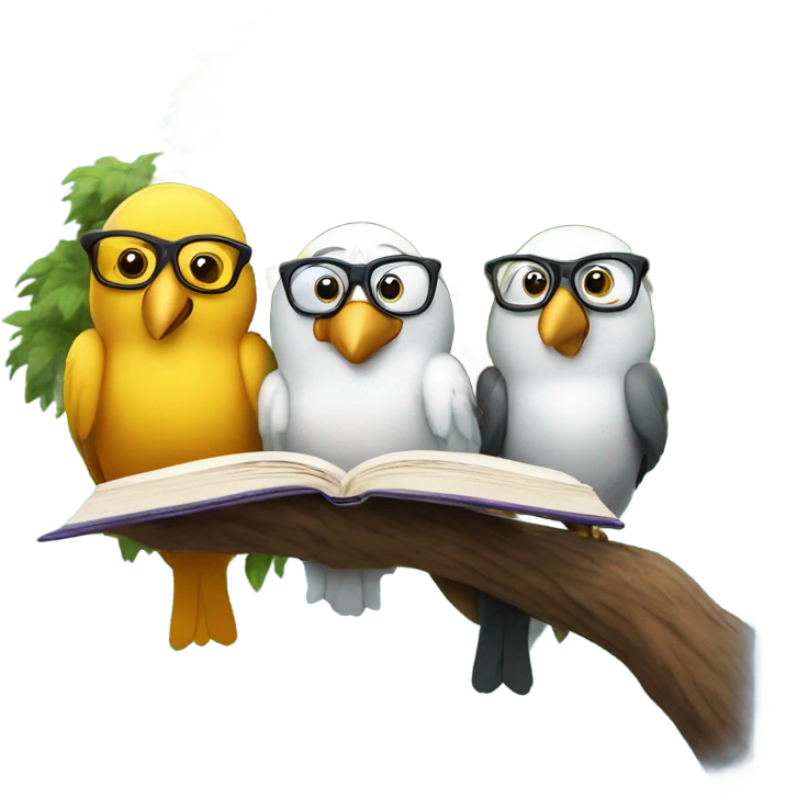 three birds in a tree but one of them wearing glasses and hanging a book emoji