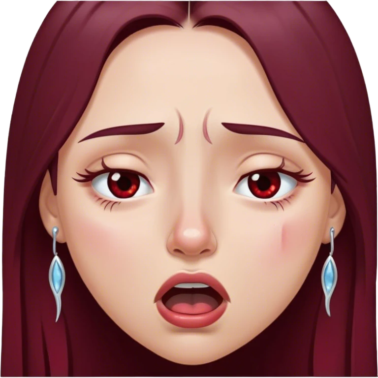 emoji of girl crying hysterically with tears dripping down eyes with mouth closed with maroon dark long hair in a middle part with straight nose hazel eyes medium perfect eye brows with  a nose ring silver on the right nostril  emoji