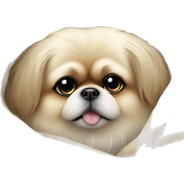 White Pekingese cozy in beige blanket emoji