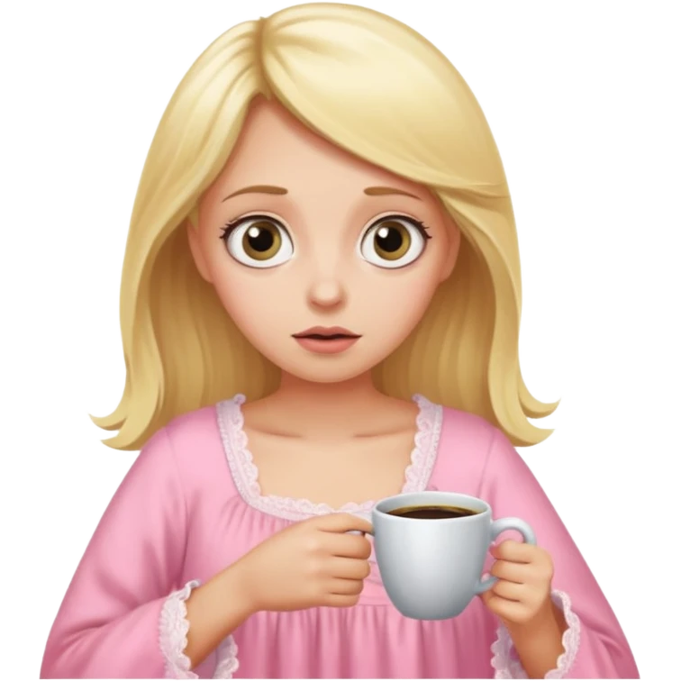 A blonde woman in a pink nightgown with wide eyes looks for coffee. emoji