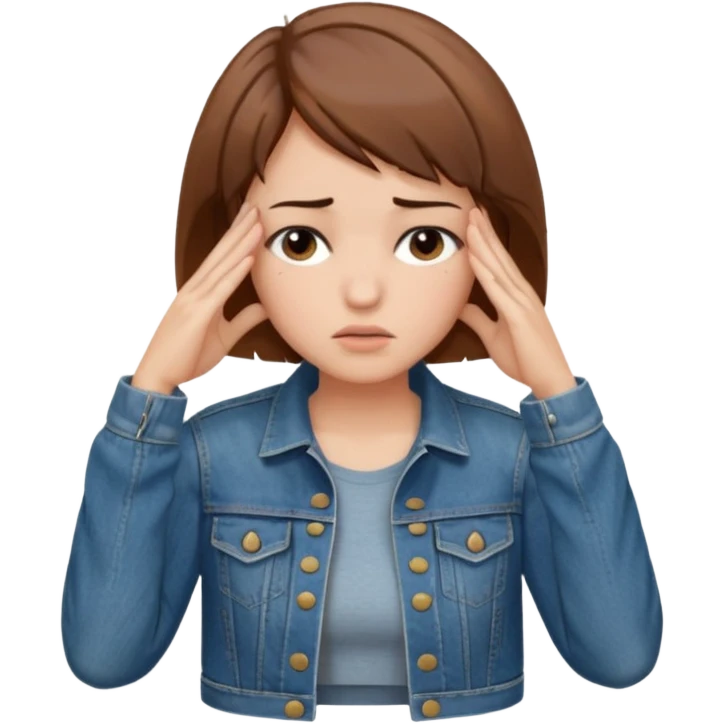 a woman with a brown short hair, looking at the left, facepalming, wearing a denim jacket, only upper body, high quality emoji