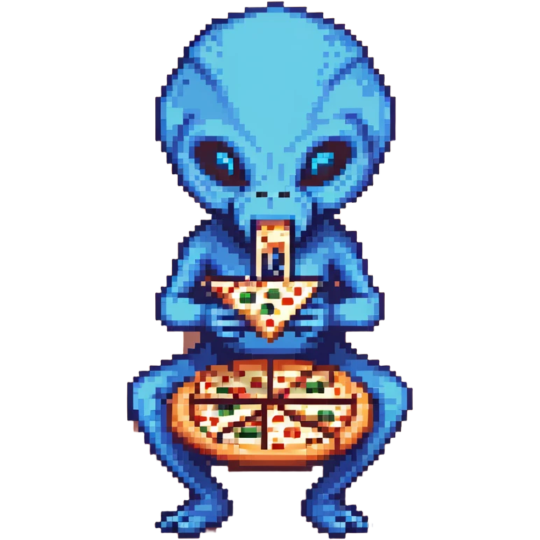 A blue alien eating pizza emoji