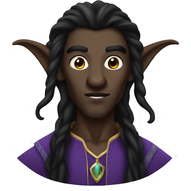  A black male high elf that is a witch fortune teller that has large, pointed ears with long black curly hair past his back emoji