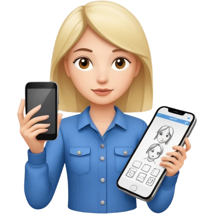 female UX designer holding mobile phone and design sketches emoji