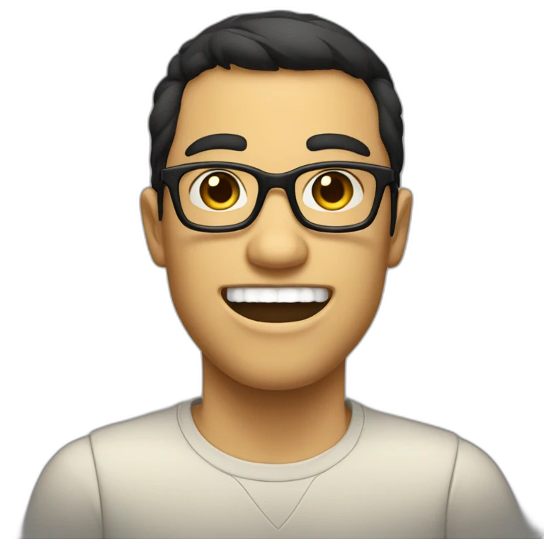 nerd face, mouth close, 2 teeth visible, some acne buttons, pale tan, black hair, with glasses emoji