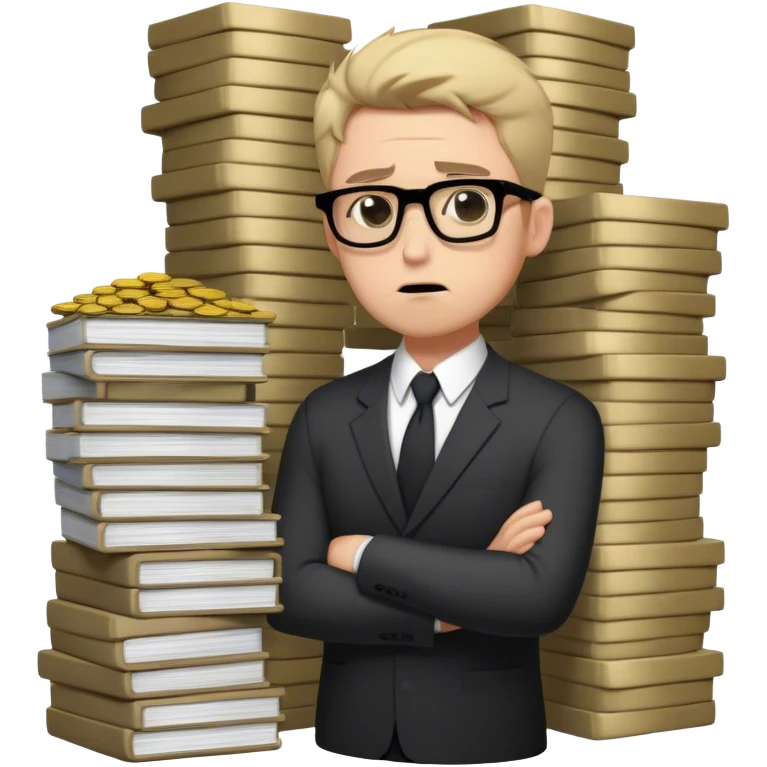 Create an emoji-style character of a sad business owner with black rectangular glasses and a light stubble (afternoon shadow beard, not a full beard). He looks frustrated and disappointed as he hands over a massive stack of work (papers, laptop, or files) in exchange for a tiny coin. His posture is slouched, and his facial expression conveys exhaustion and regret. The style should be simple, expressive, and instantly recognizable as an emoji. emoji
