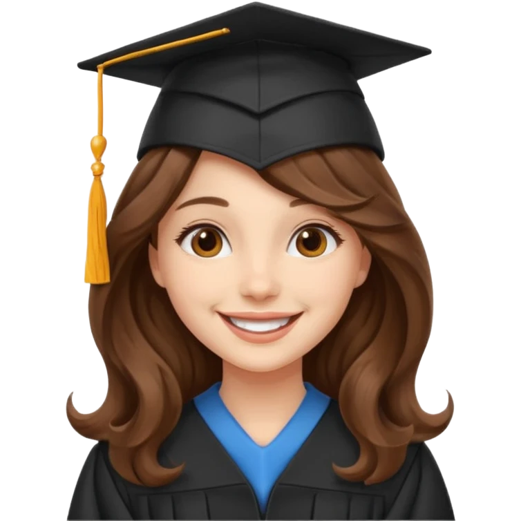Graduated Students, Cheerful girl, long brown wavy hair, wearing graduation cap emoji