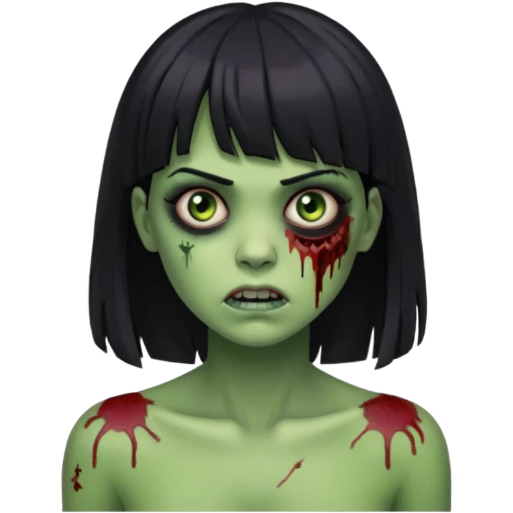 Um zumbi feminino, com cabelo preto e franja, machucados pelo rosto e torso, fundo escuro destacando o rosto com sombras pele verde emoji