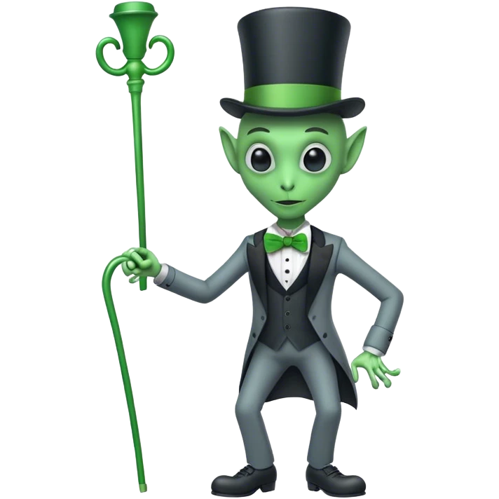 Gray alien tap dancing with a top hat, bow tie, and a cane emoji