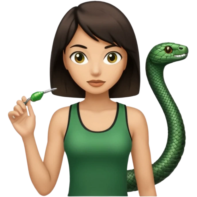 Femme brune yeux marron avec une coupe carré noir , femme couleur de peau typé, avec un cobra a côté , débardeur noir emoji