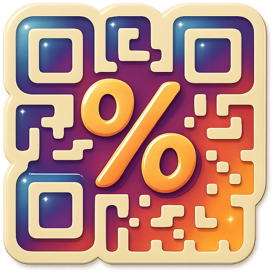 badge featuring a QR code that integrates a large percent sign (%) within it emoji