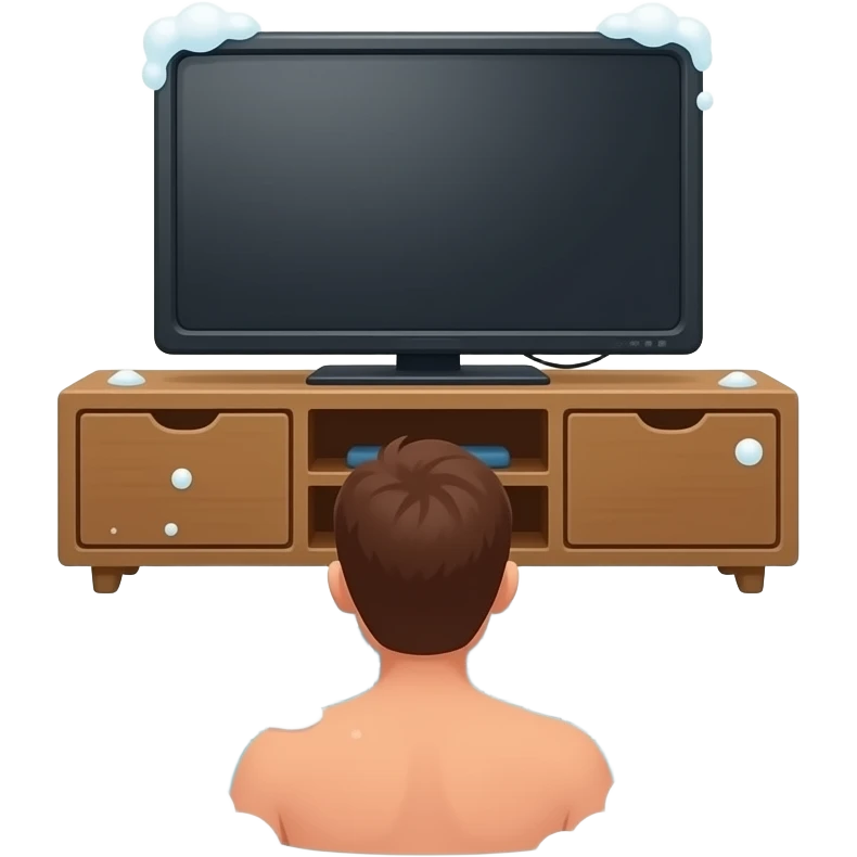 man sitting in a pool of foam in a living room watching tv infront of him emoji