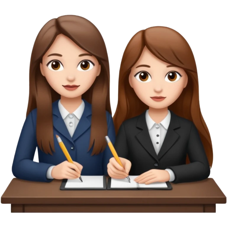 TWO BROWN HAIRED GIRLS DOING PROJECT ON JOB, PROFESSIONAL AND CUTE , LONG HAIR MAKEUP emoji
